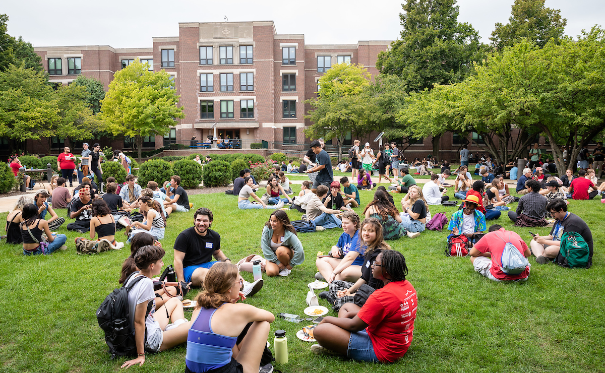 Students picnic on the grass under a sunny sky