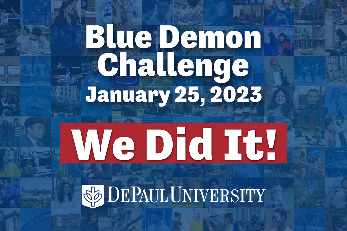 Blue Demon Challenge logo with a banner saying We Did It