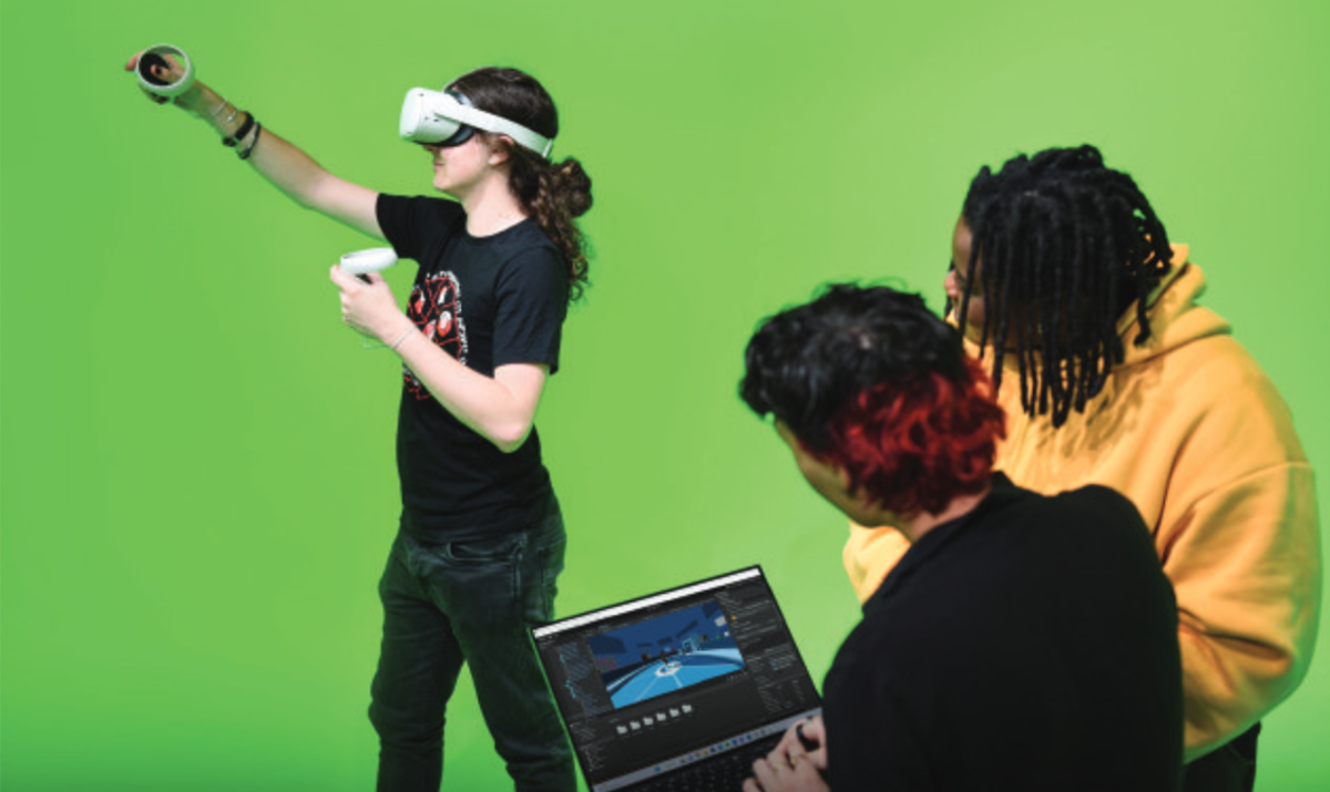 Students work in a virtual reality room