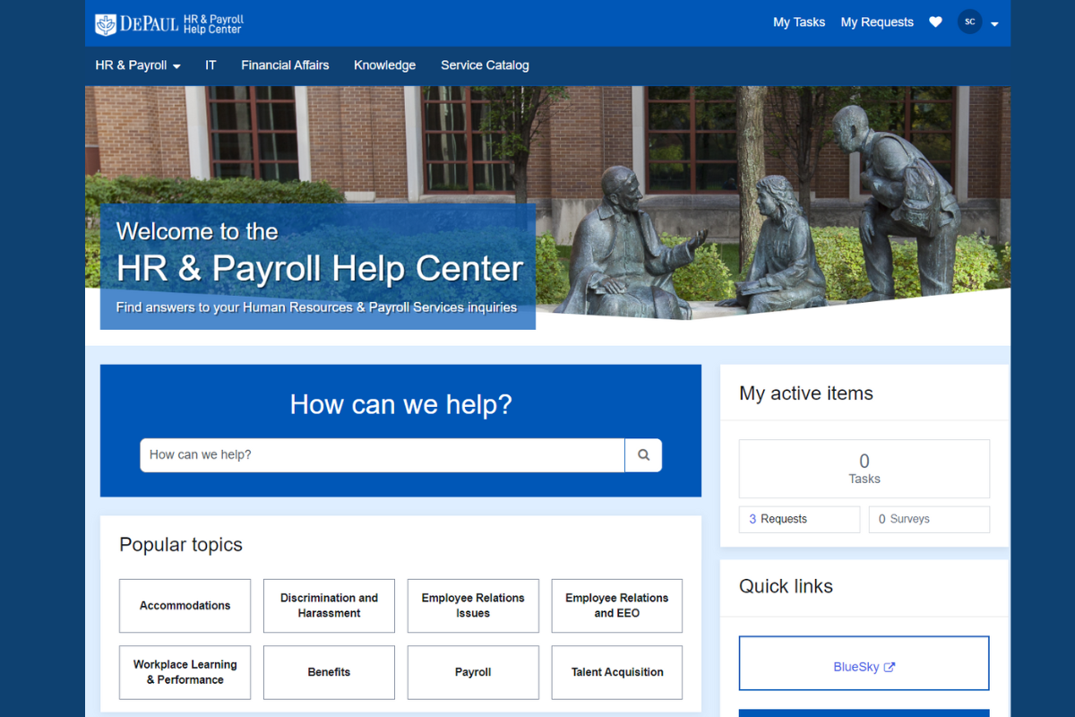 The HR and Payroll Help Center homepage