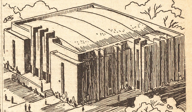 An early draft of the design for Alumni Hall published in the April 4, 1950 issue of 