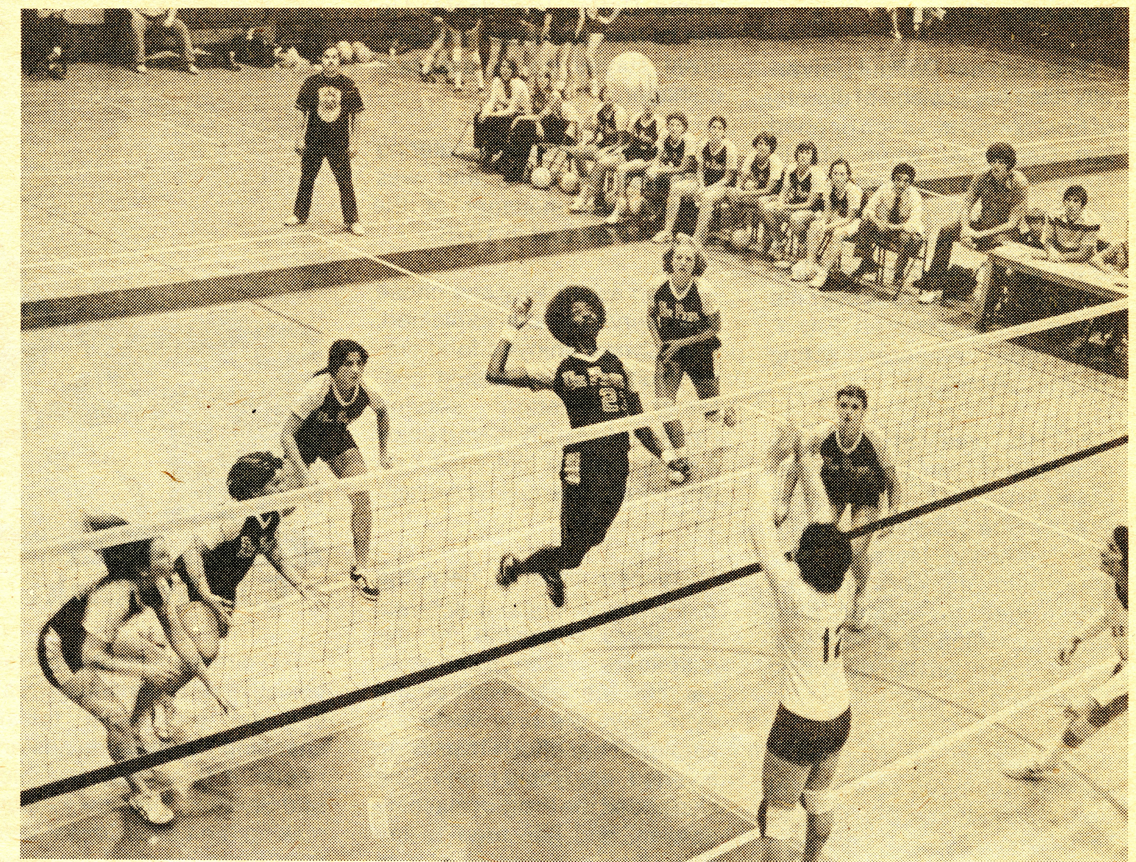 Lillie Goesman preparing to spike the ball, DePaulia October 1977