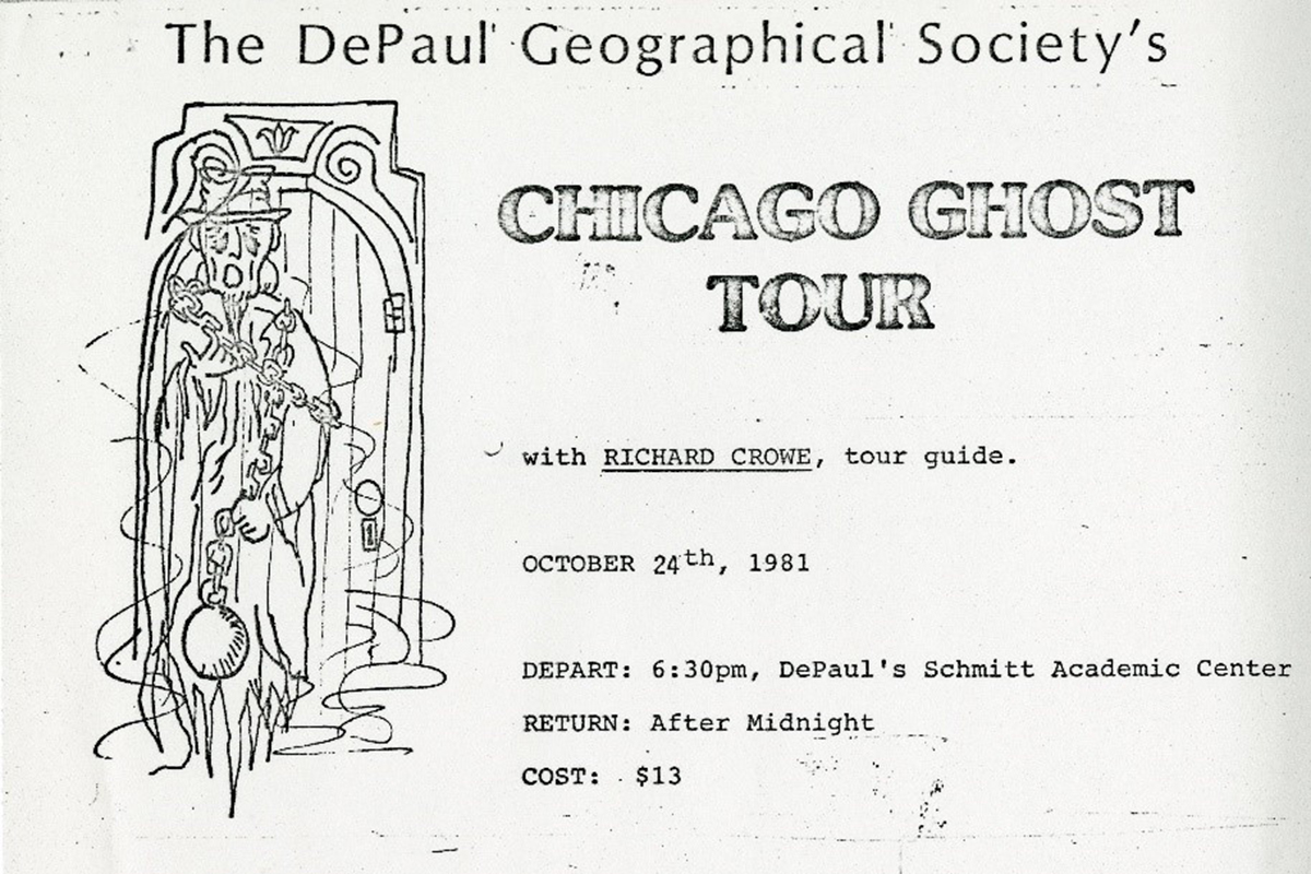 A flyer for Crowe's 1981 ghost tour with the DePaul Geographical Society.