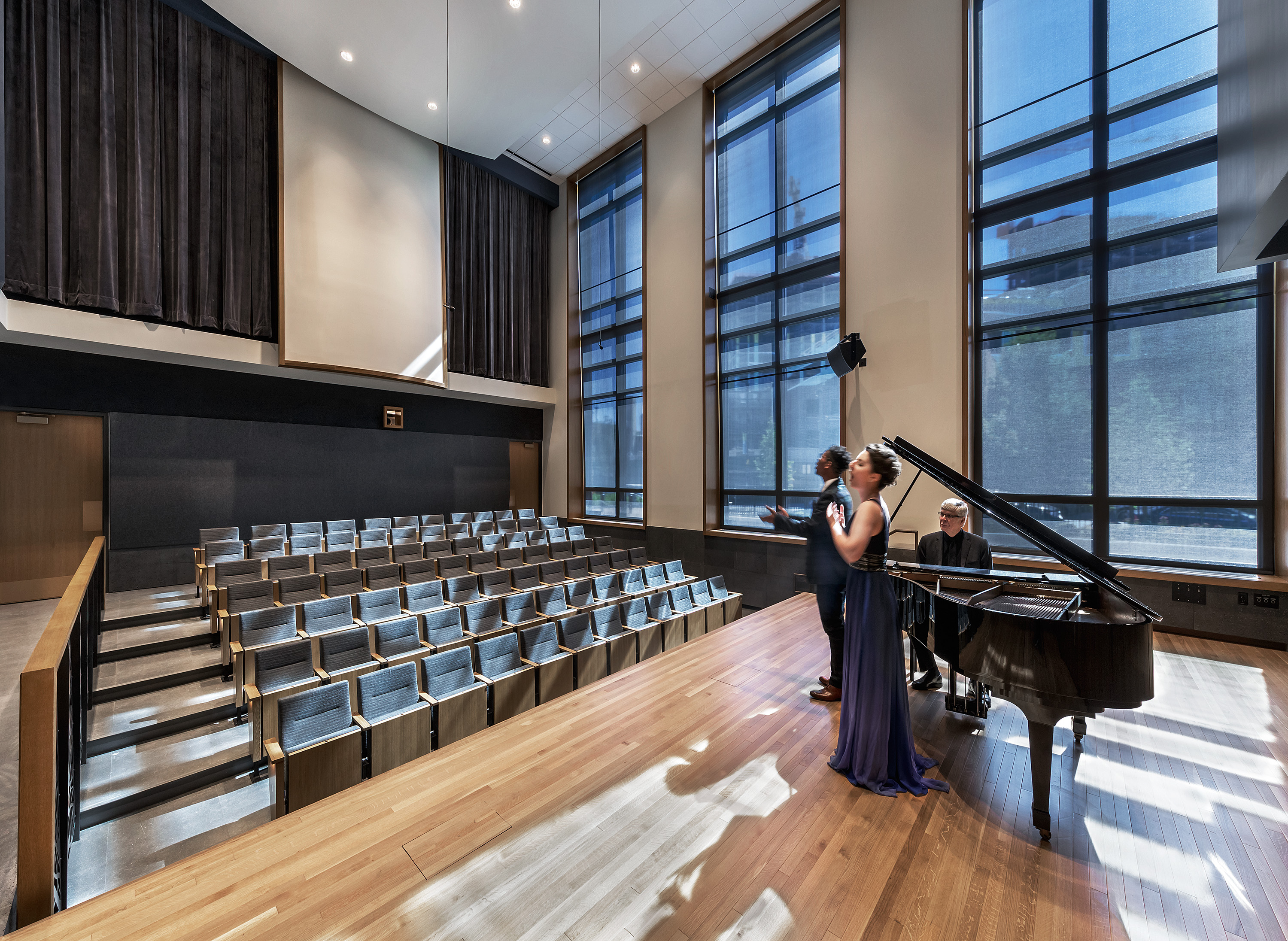 The 80-seat Brennan Family Recital Hall inside the DePaul University School of Music Holtschneider Performance Center. 