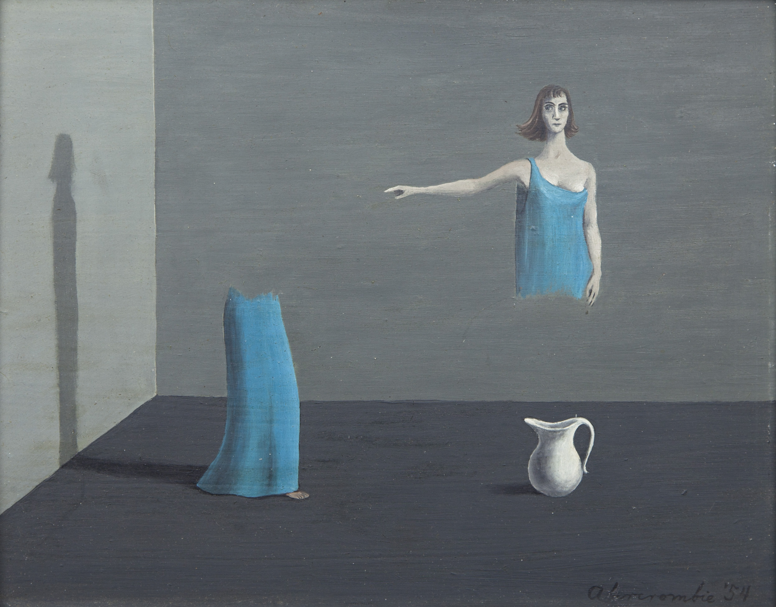 Painting of a woman floating above a white jug in front of a blue background