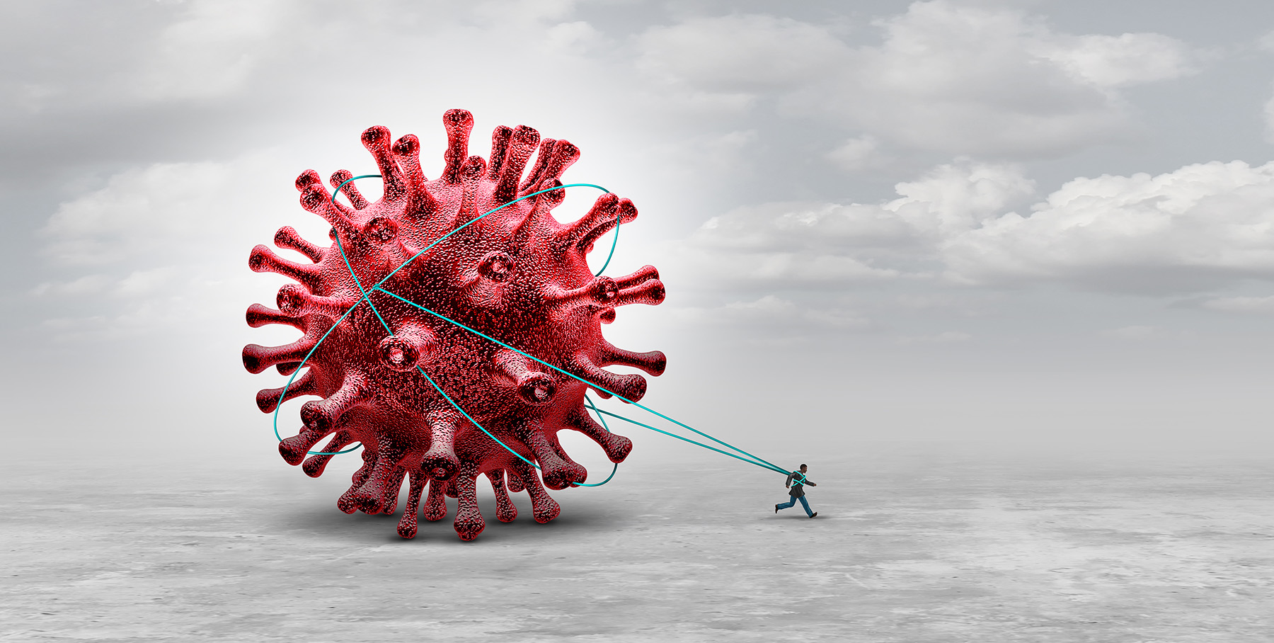 Illustration of a giant coronavirus being hauled via rope by a small human figure