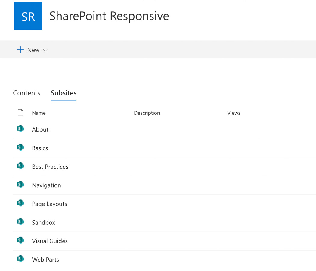 screenshot of site contents menu in Sharepoint