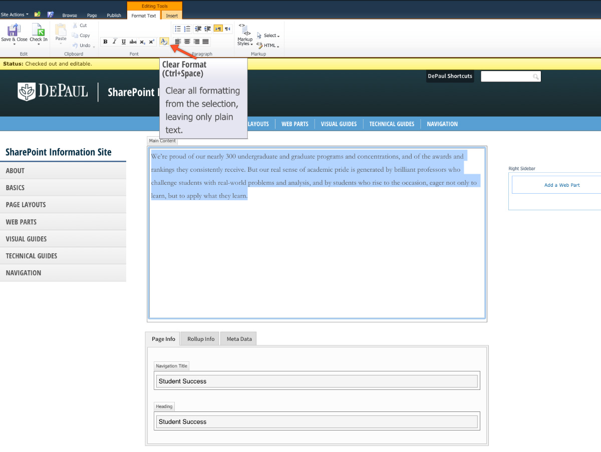 Highlight content and click Clear Format Highlight content and click Clear Format