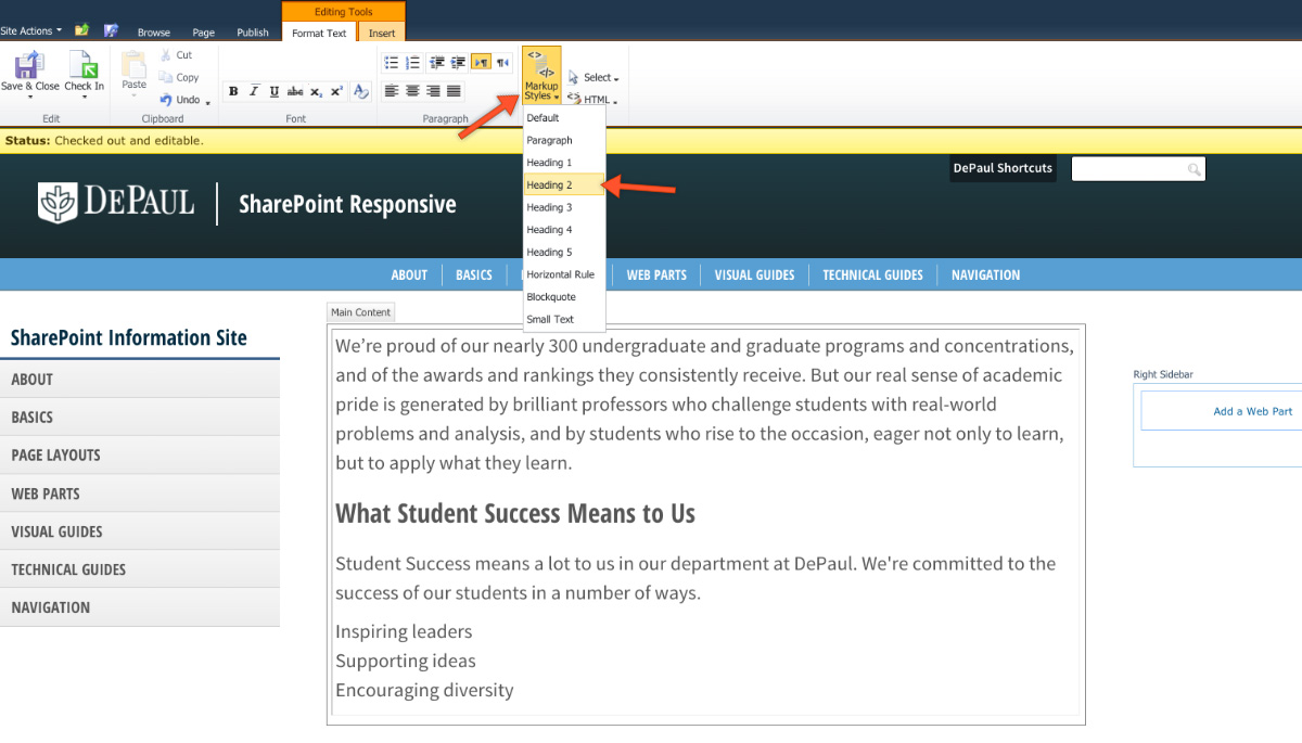 Click Markup Styles and select the heading Click Markup Styles and select the heading
