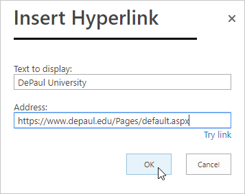 Insert Hyperlink window when linking from address