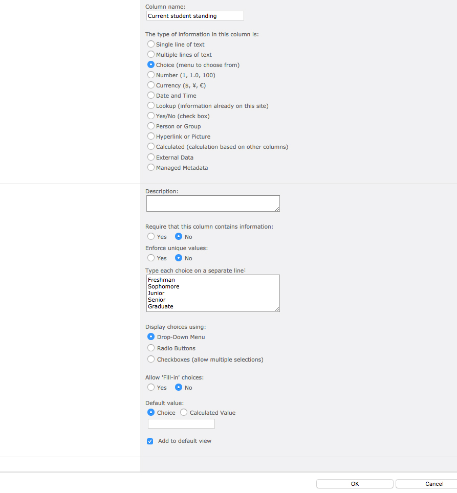 Example of a Choice column configuration