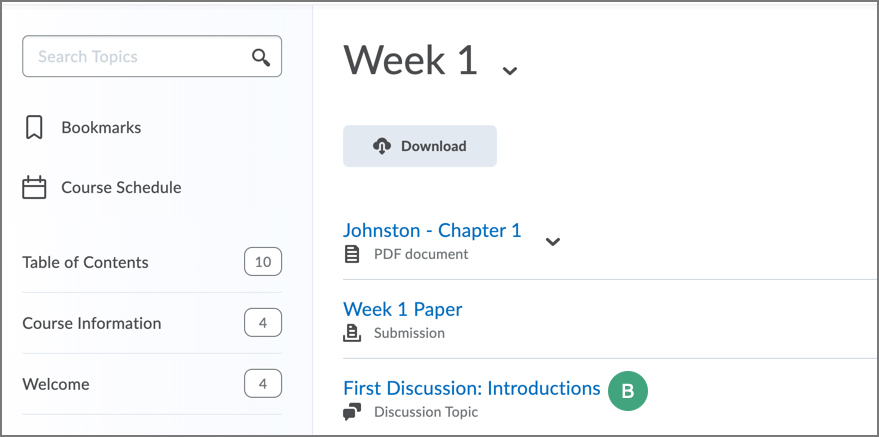 screenshot of d2l content module with a link to a discussion topic