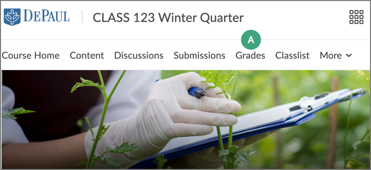 screenshot of d2l course navbar with label on grades link