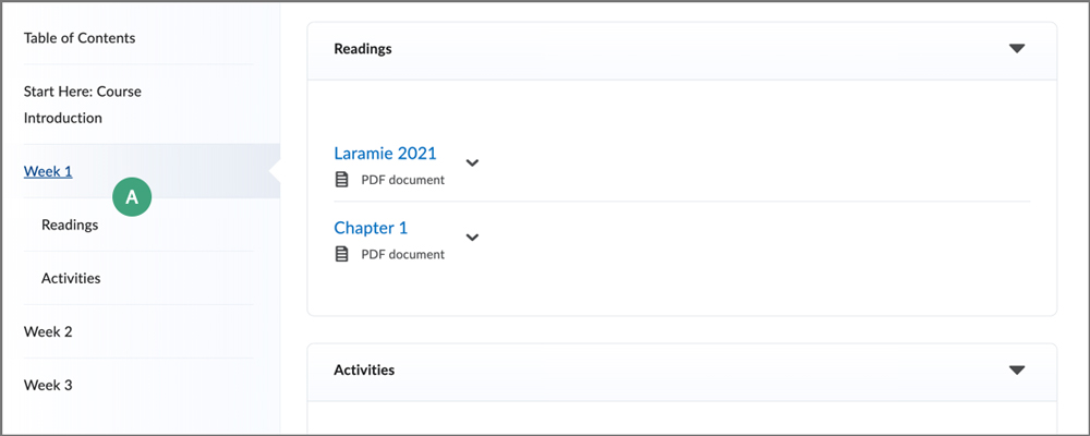screenshot of the content area of a course site displaying modules and submodules