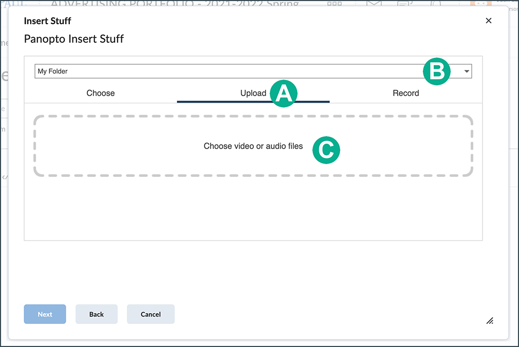 locating the upload and record buttons from insert stuff