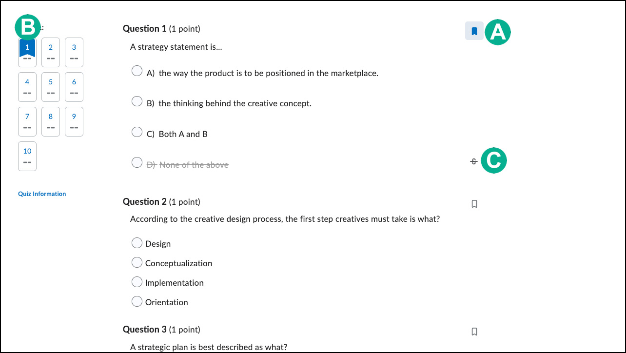 Illustration of flagging and strikethrough options on quiz questions.
