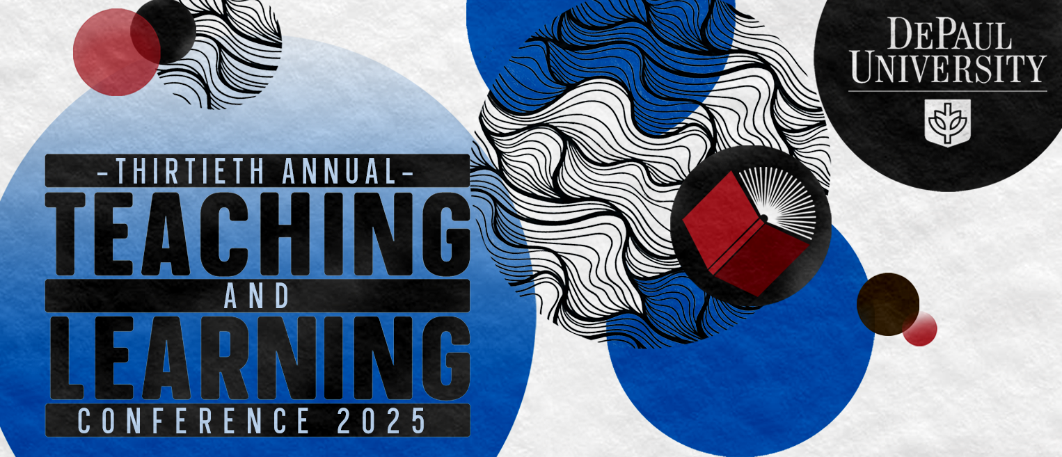 Thirtieth Annual Teaching and Learning Conference 2025 banner featuring bold text, abstract blue, red, and black shapes, a red book icon, wavy black-and-white line patterns, and the DePaul University logo in the top right corner on a textured white background.