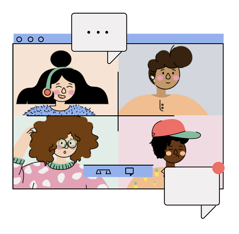 illustration of four students in a video call