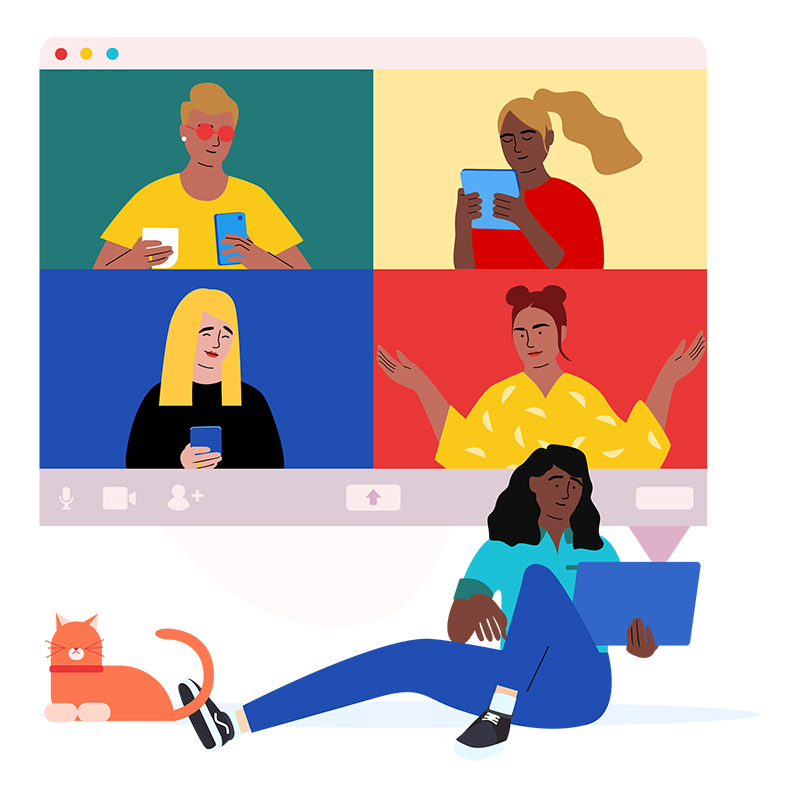 illustration of a person and a cat sitting in front of a screen showing four students in a video call