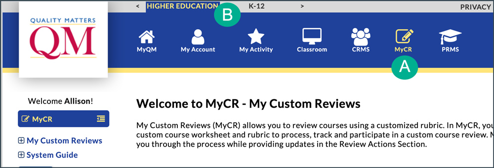 select mycr and higher ed