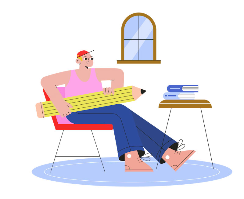 Illustration of a person holding a giant pencil in front of a table of books