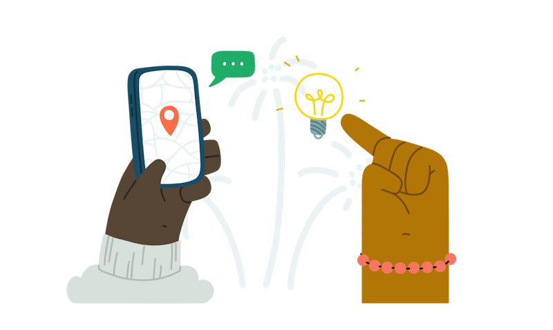 Illustration of a hand holding a phone with a map and another hand pointing to a lightbulb