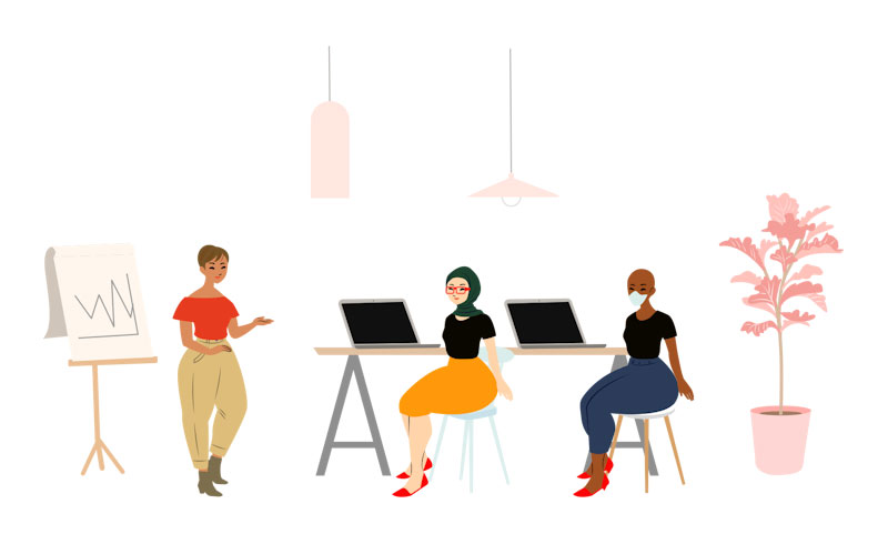 Illustration of a person in front of two students with laptops in front of them