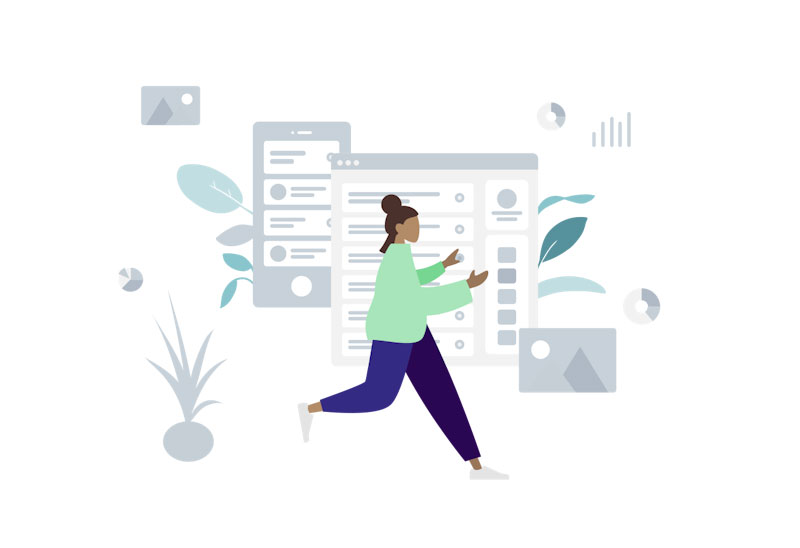 illustration of a person in front of computer tabs and plants