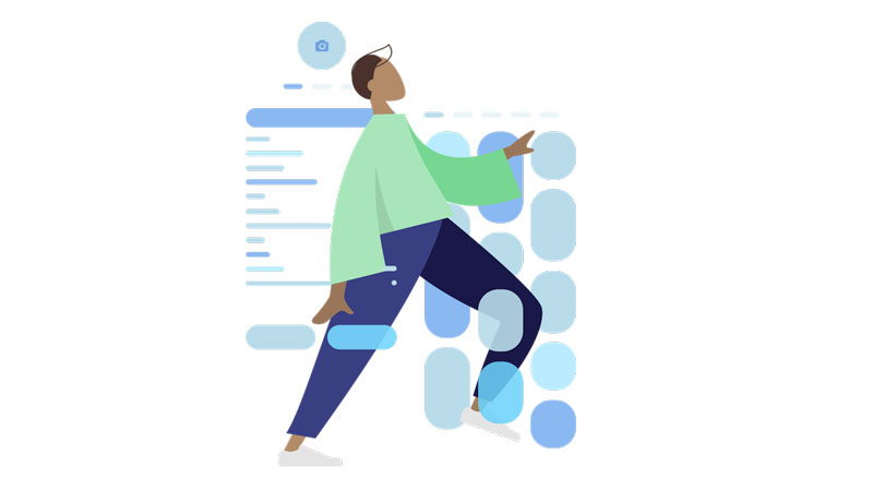 Illustration of a person in front of text windows