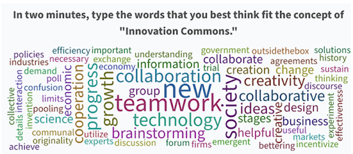 Word cloud showing open ended responses to the prompt words best fit to the concept of innovation commons