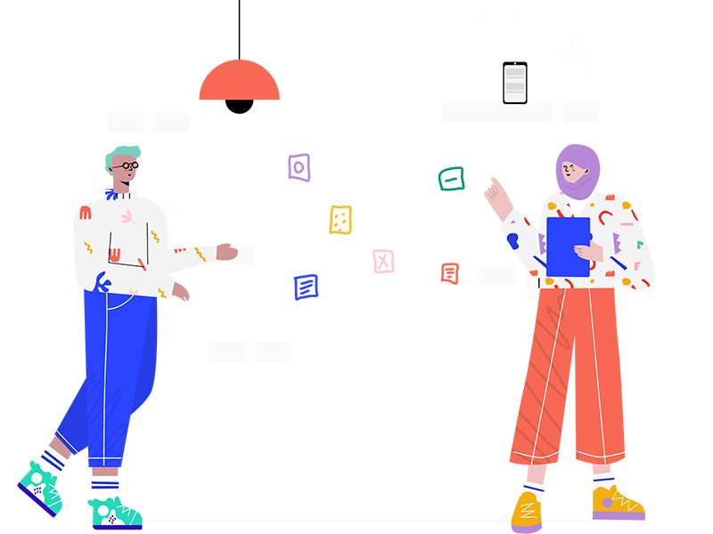 illustration of two people facing each other with colorful squares floating between them