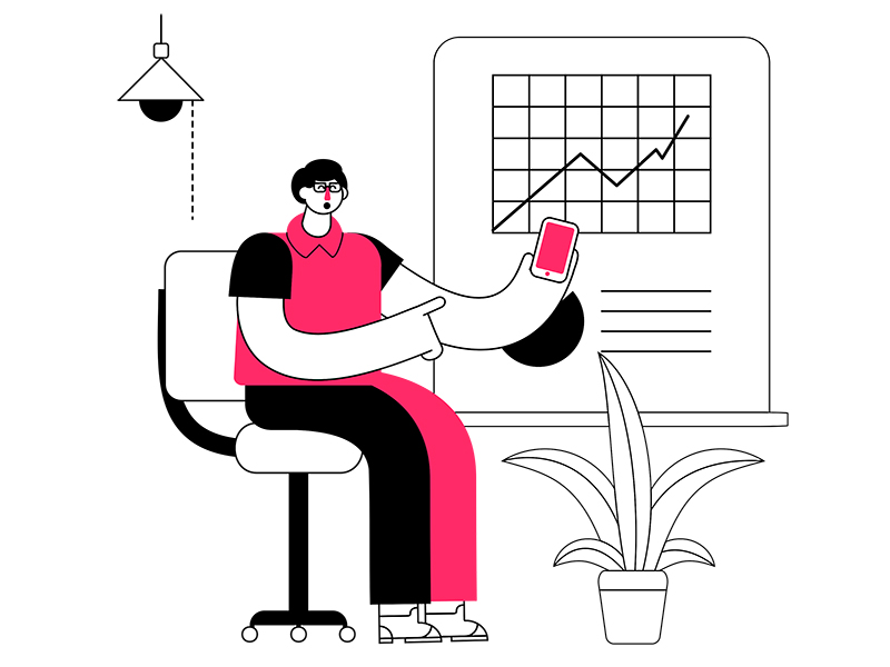 illustration of a person holding a phone and pointing at it while sitting in front of a large graph