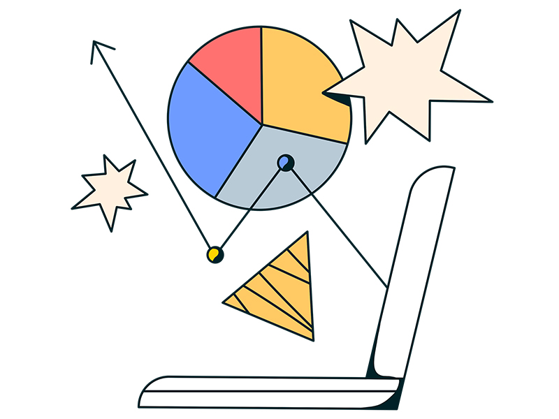 illustration of the side view of a laptop with charts emerging from the screen