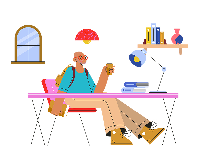 illustration of a student sitting a desk with books