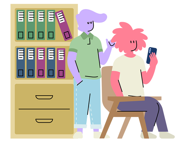 illustration of two people next to a book case and looking at a phone