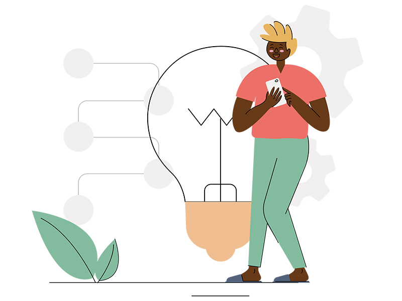 illustration of a person holding a phone and standing in front of a lightbulb