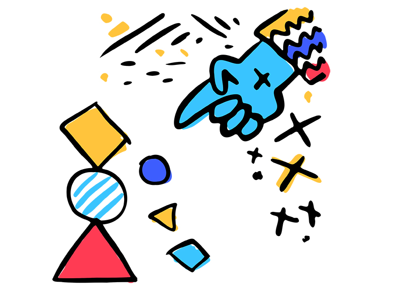 illustration of a blue hand pointing at a stack of colorful shapes