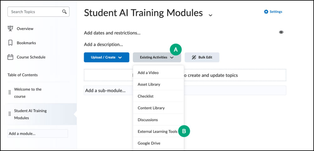 add existing activity then external learning tool