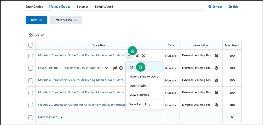 edit the value of a grade item