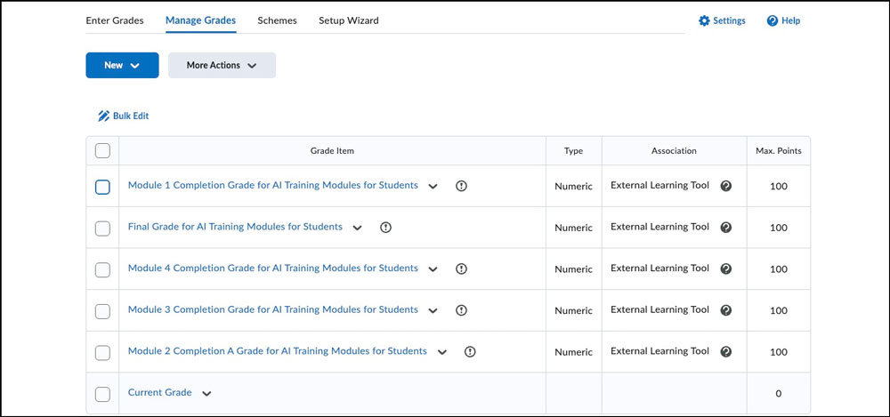 gradebook view of student ai module grade items