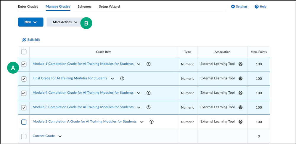 select the grade items and click manage actions