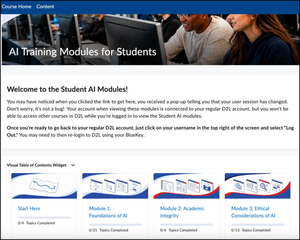 view of the student modules initial display