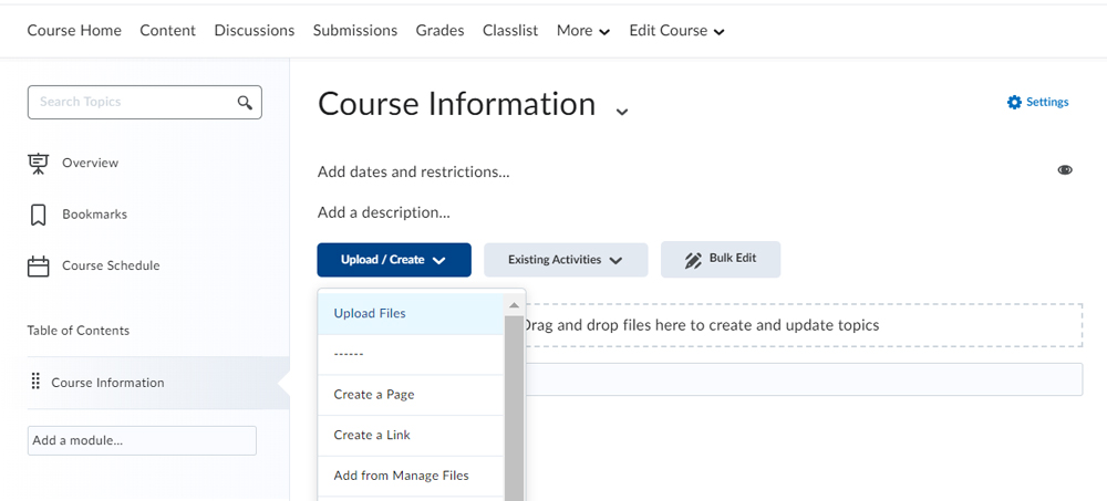 screenshot of the d2l content area showcasing the upload file button