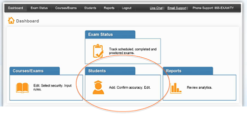 View of Examity dashboard with Students link highlighted View of Examity dashboard with Students link highlighted