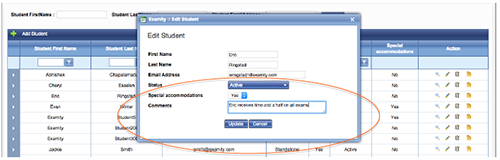 Edit student view in Examity for adding special accommodations note. Edit student view in Examity for adding special accommodations note.