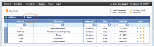 Students view in Examity with Search button highlighted Students view in Examity with Search button highlighted
