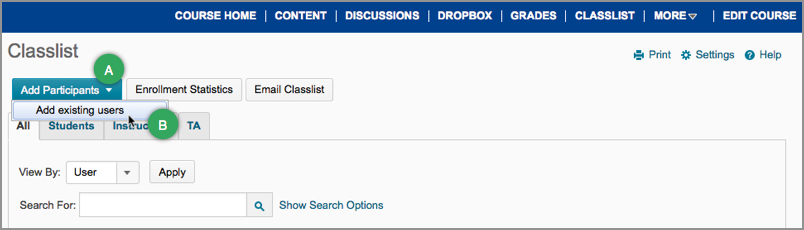 Enroll Users button in the Classlist area Enroll Users button in the Classlist area