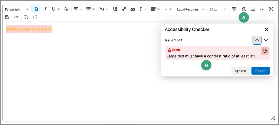 screenshot of the accessibility checker within the html editor