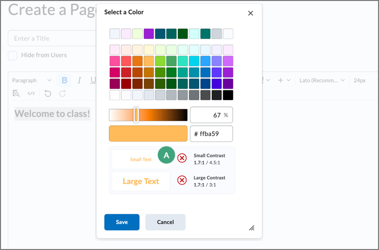 screenshot of the html editor when the font color selector is expanded