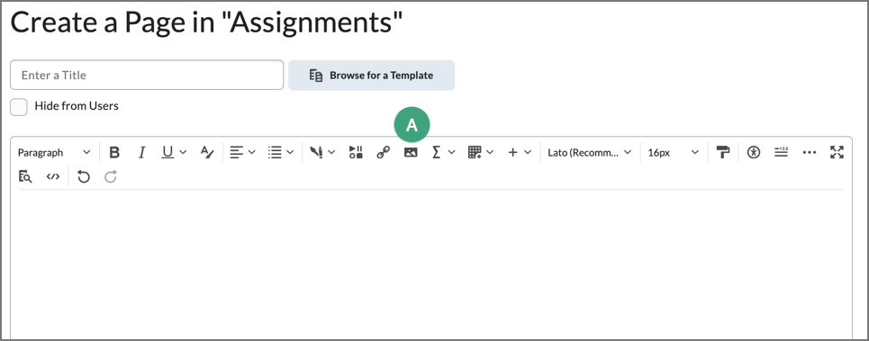 screenshot of the html editor with a label on the insert image icon